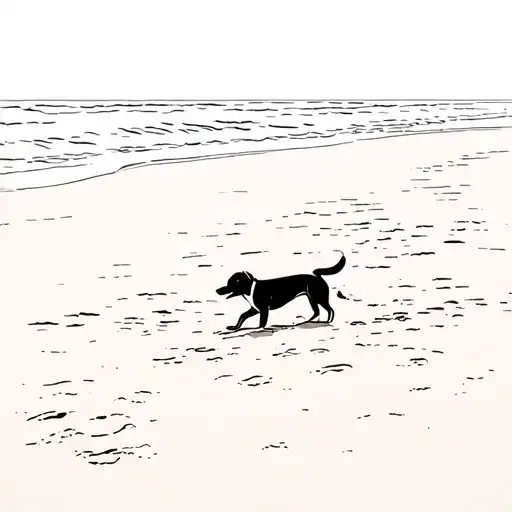 A Minimalist Tattoo Of A Dog Playing In The Sand On The Beach