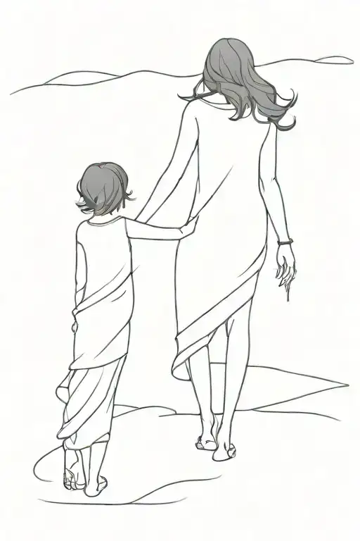 Woman And Little Girl Walking Hand In Hand