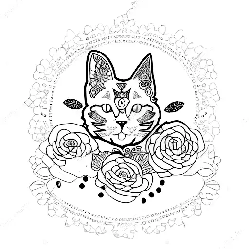A Blackwork Tattoo Of A Cat Surrounded By Serotonin Molecules