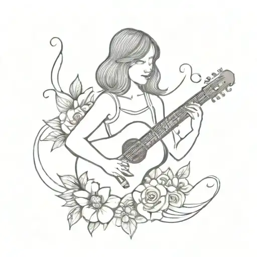 A Heavy Metal Inspired Tattoo Design Featuring A Spanish Girl Playing A Guitar Surrounded By Flowers