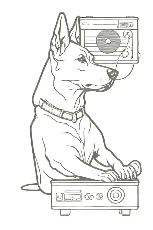 A Minimalist Tattoo Of A Silhouette Of A Dog Listening To Post Punk Music On A Record Player