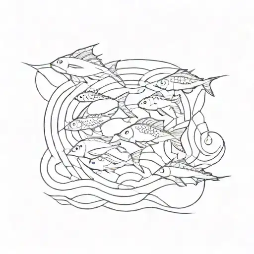 Line Art School Of 5 Different Minimalistic Fish