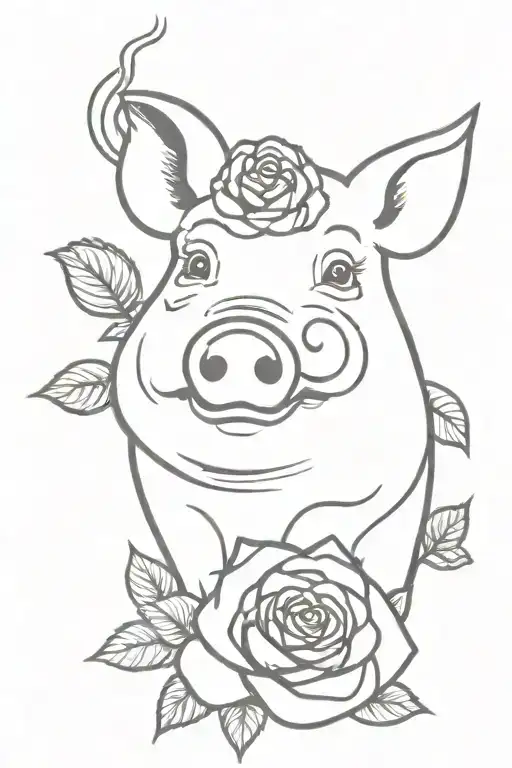 Pig With Lighter With Roses In Background Black And White