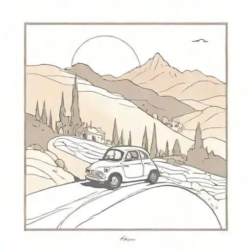 A Scenic Mountain Road Winding Through The Italian Countryside With A Fiat 500 Cruising Along