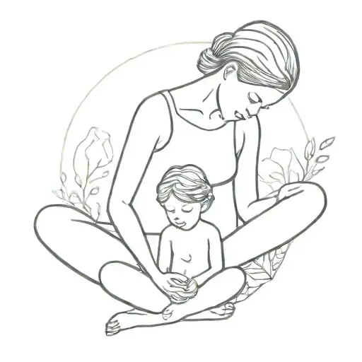 A Minimalist Design Of A Mother And Child Practicing Yoga In A Serene Nature Setting