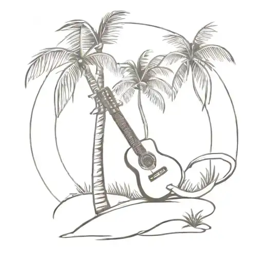 A Realistic Portrait Of A Cat Playing A Guitar Under A Palm Tree On A Tropical Beach
