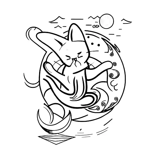 A Minimalist Tattoo Of A Meditating Cat Sitting On A Crescent Moon