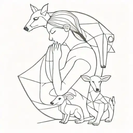 A Minimalist Geometric Representation Of A Mother And Child Surrounded By Their Favorite Animals