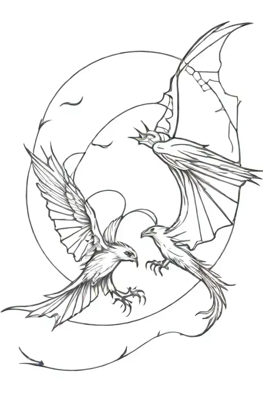 Dragon And Falcon Flying