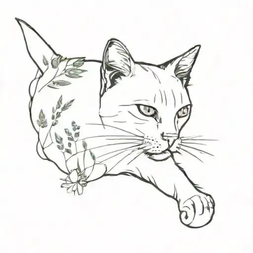 A Minimalist Watercolor Tattoo Of A Cat Enjoying A Peaceful Walk In Nature