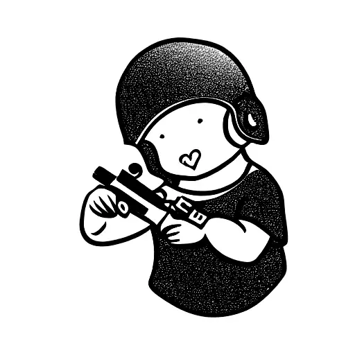 Baby Wearing Helmet Pointing A Gun
