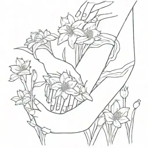 Mother Holding Daughters Hand In Field Of Narcissus And Marigold Flowers