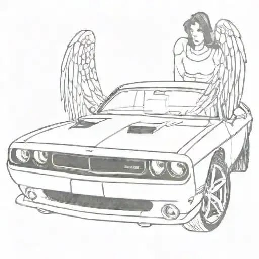 Me Sitting Behind The Wheel Of A Dodge Challenger With Angel Wings Behind The Car