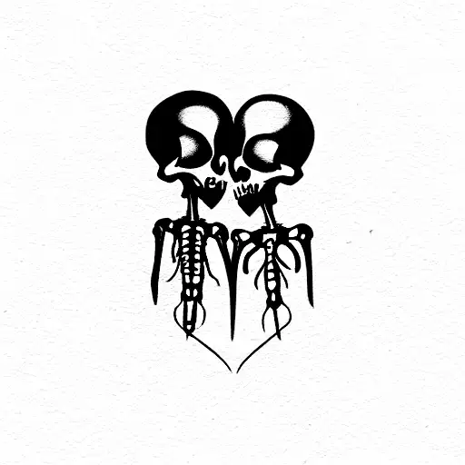 Two Skeleton Head Kissing In A Heart