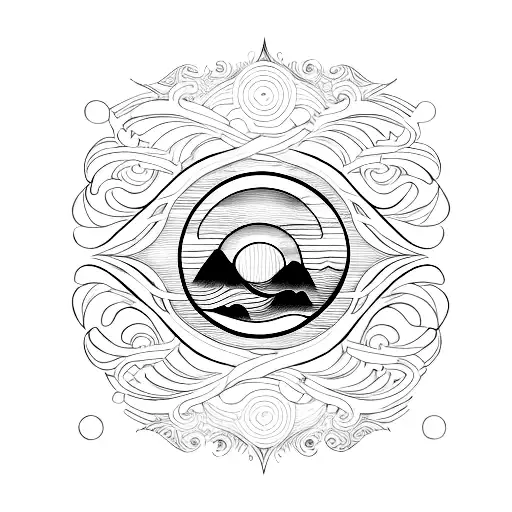 Straight Line Tatoo With Sun Moon Mountain Tree Wave Bird