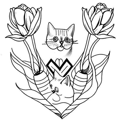 Cat And Tulip Forming A Heart In Fineline