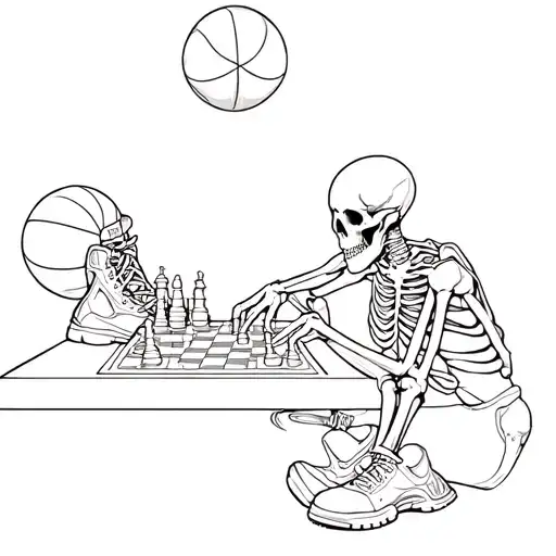 A Gangster Skeleton Playing Chess And Basketball Wearing Jordan Shoes