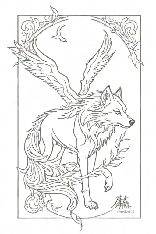 Wolf With Phoenix Tattoo Design