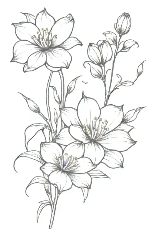 Fine Line Tatto With Waterlillys And Violet Flower Bouquet With Stems As Minimalist As Possible