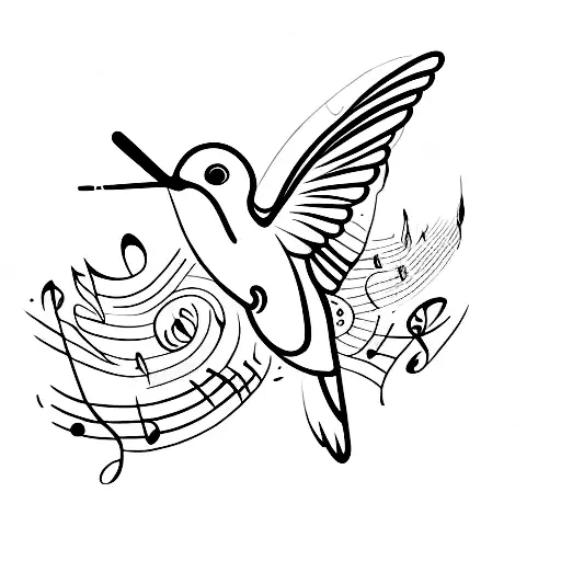 A Minimalist Tattoo Of A Hummingbird Surrounded By Musical Notes