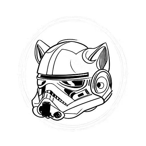 A Black And Grey Tattoo Of A Cat Wearing A Star Wars Helmet