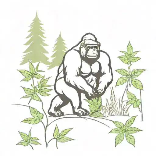 A Minimalist Tattoo Of A Gorilla Hiking Through A Forest Of Marijuana Plants