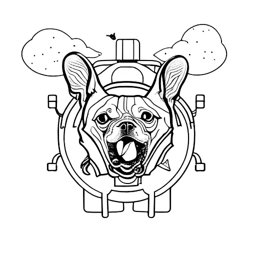 A Minimalist Tattoo Of A Dog Holding A Spaceship In Its Mouth