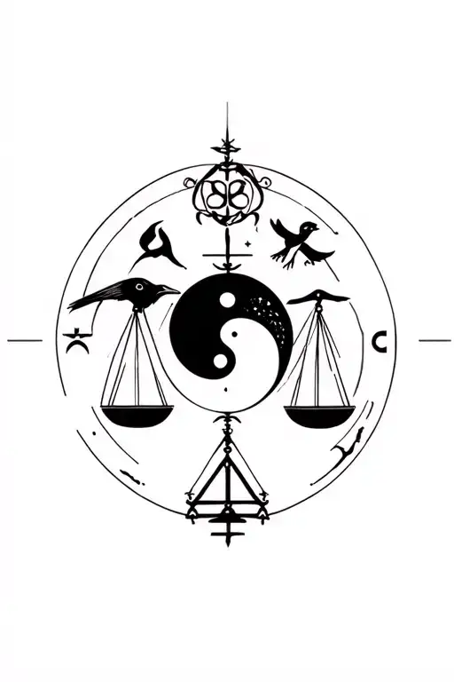 A Symbol Of Pieces And Zodiac In Midle Of Scales Of Justice And Yin Yang And A Free Raven