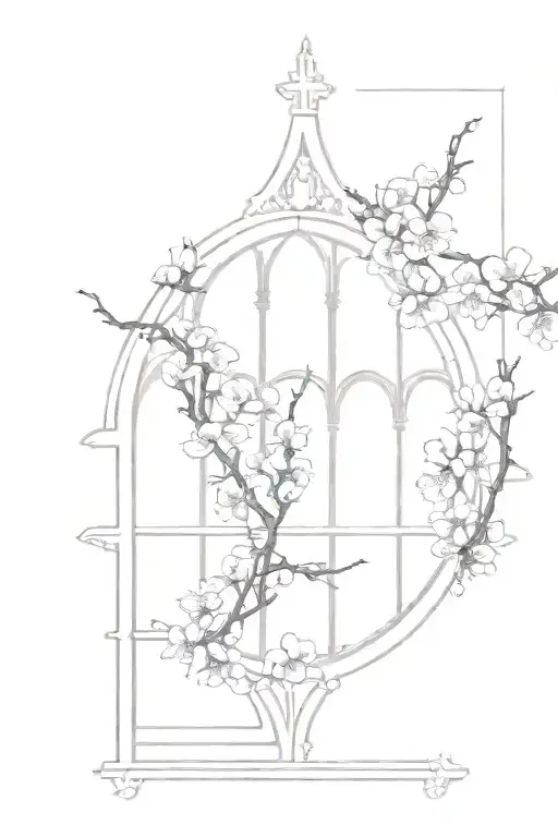 Neo Gothic Windows And Cherry Blossoms On The Background