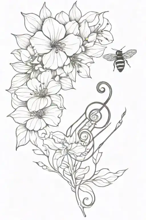 A Unique Tattoo Design Featuring A Bee Playing A Musical Instrument Among Flowers