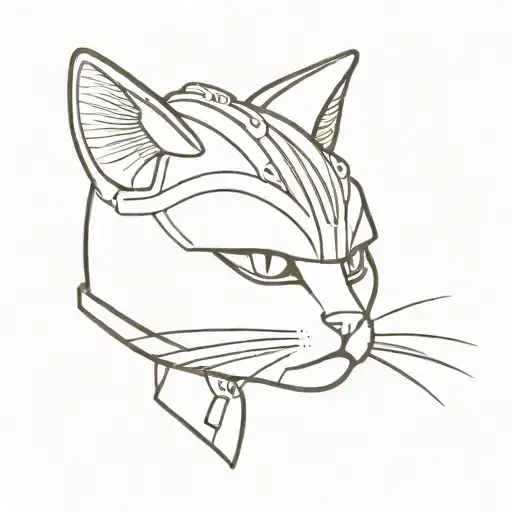 A Minimalist Tattoo Design Of A Cat Wearing A Samurai Helmet