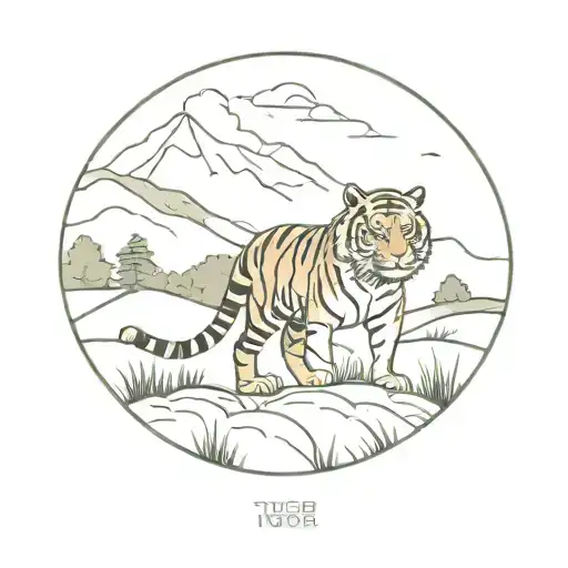 A Minimalist Tattoo Of A Tiger Roaming Through A Hillstation Landscape