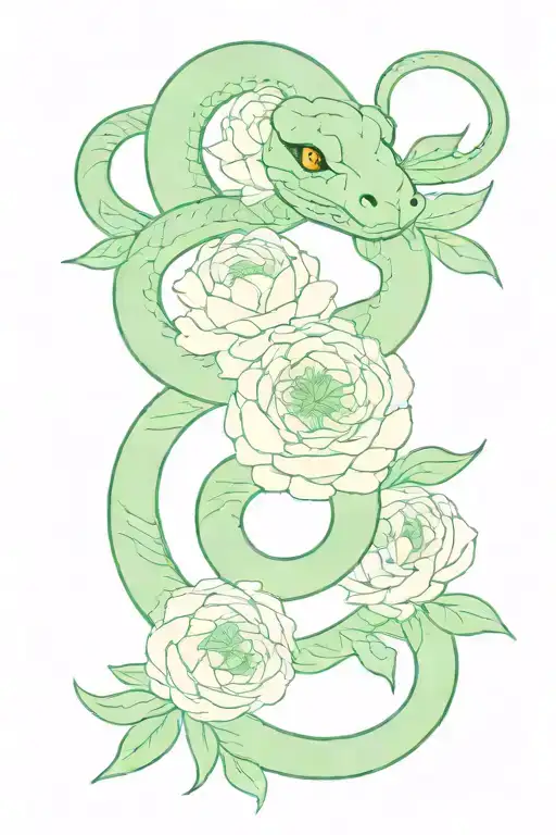 Snake With Green Eyes Wrapped Around Peonies Blooming