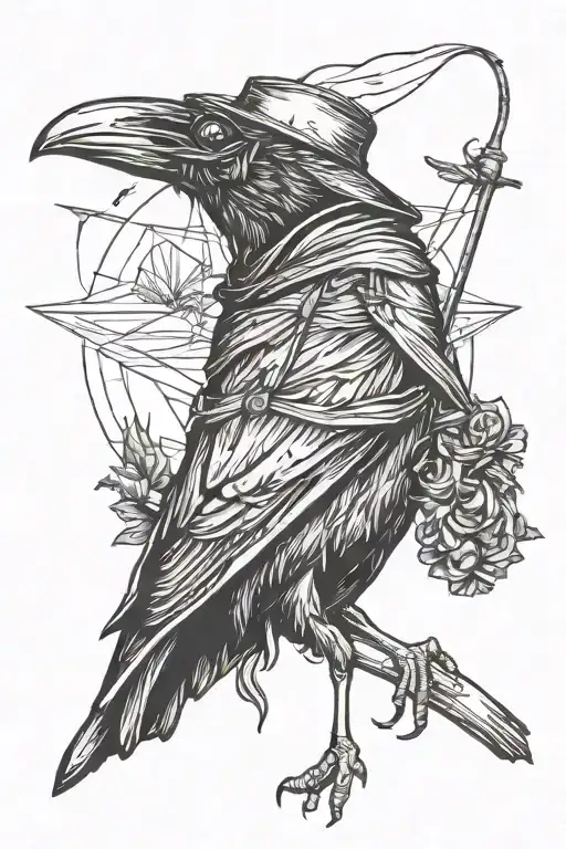 Scary Plague Doctor With The Body Of A Raven Drawn In A Minimalist Style