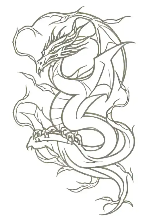 A Minimalist Tattoo Design Of A Dragon Intertwined With A Forest Landscape