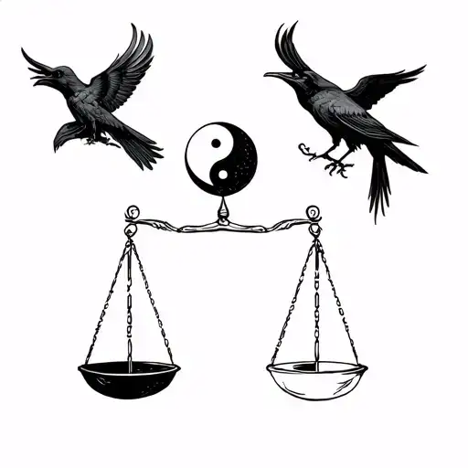 A Symbol Of Pieces In Midle Of Scales Of Justice And Yin Yang And A Free Raven