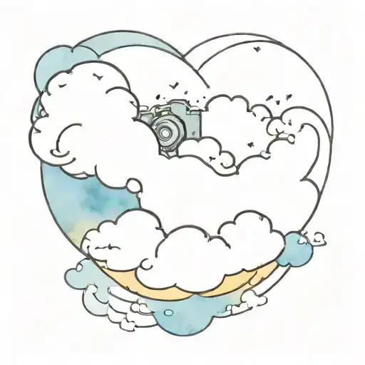 A Watercolor Painting Of A Dreamy Cloudscape With A Camera Silhouette