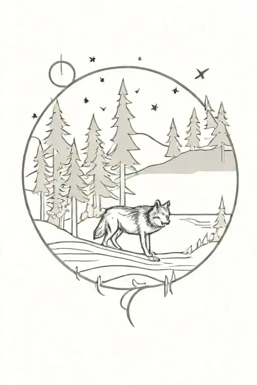 Nature Scene Featuring Wolf And Trees And River
