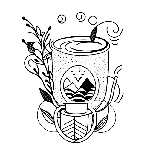 A Minimalist Tattoo Of A Coffee Cup Surrounded By Nature Elements