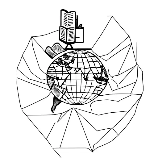 A Minimalist Tattoo Of A Person Reading A Book With A World Map As The Pages