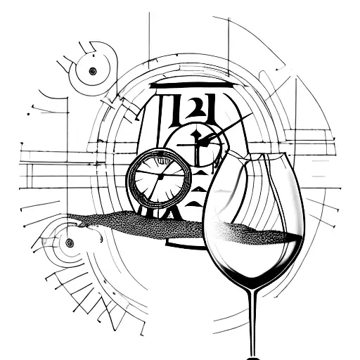 A Minimalist Tattoo Of A Clock And A Glass Of Wine