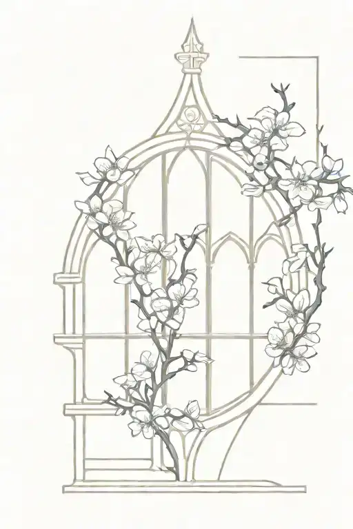 Neo Gothic Windows And Cherry Blossoms On The Background