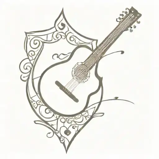 A Guitar With Musical Notes Forming A Heraldic Shield Design