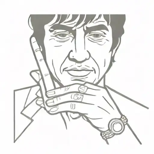 A Minimalist Tattoo Of Tony Montana Holding A Symbol Of Spirituality In His Hand