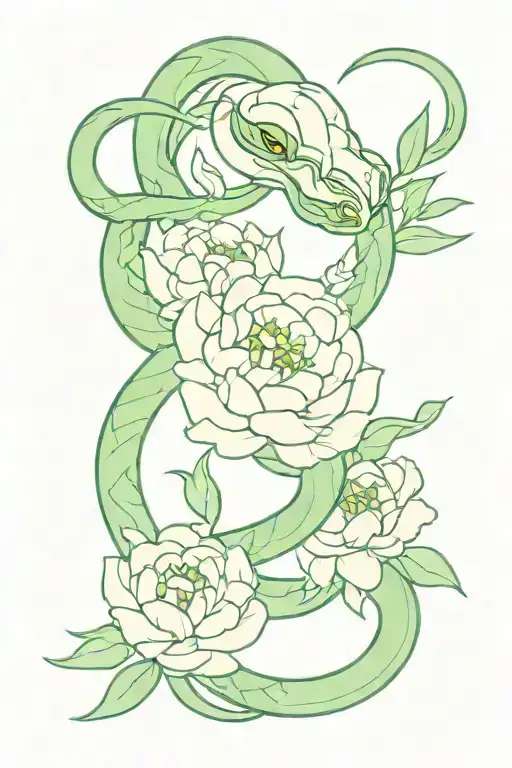 Snake With Green Eyes Wrapped Around Peonies Blooming