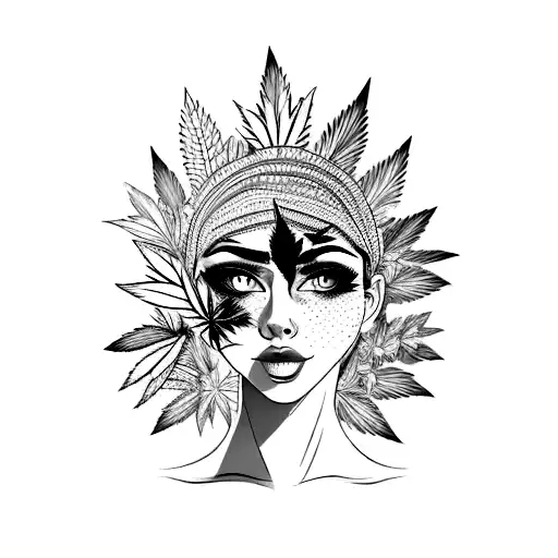 A Beautiful Girl's Face With A Weed Leaf On Her Forehead