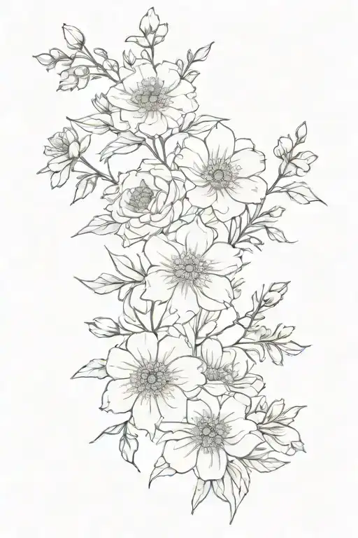 Fine Line Tattoo Of Aster Rose Larkspur Carnation Bouquet Very Skinny For Back Area