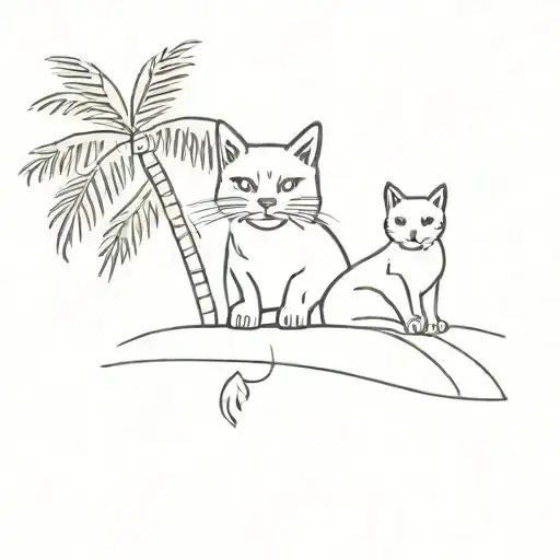 A Minimalist Tattoo Of A Cat And A Dog Sitting Together Under A Palm Tree
