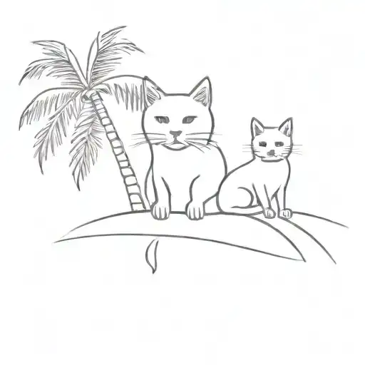 A Minimalist Tattoo Of A Cat And A Dog Sitting Together Under A Palm Tree