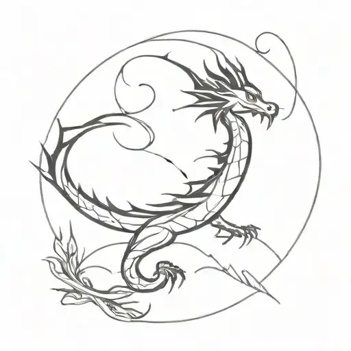 A Minimalist Tattoo Design Of A Dragon Intertwined With A Forest Landscape